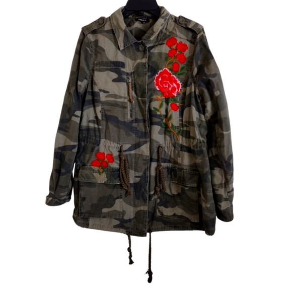 torrid Jackets & Blazers - Torrid camouflage military style jacket orange embroidery floral decals Size 2X
